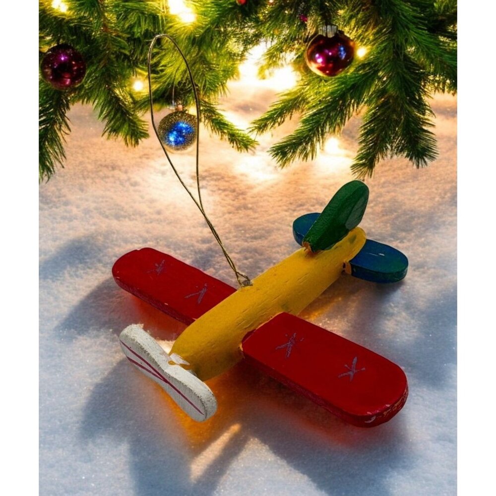 Vintage Wooden Airplane Christmas Tree Ornament Hand Painted Toy Plane
